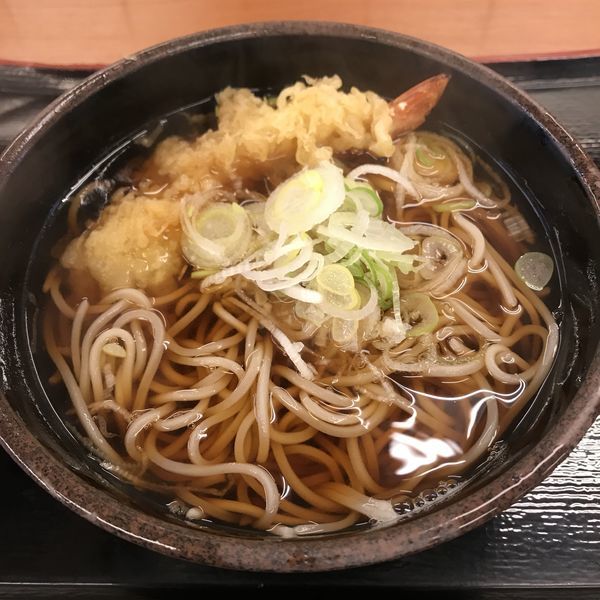 「かけ(¥320)+海老天(クーポン)」@ゆで太郎 新橋赤レンガ通り店の写真