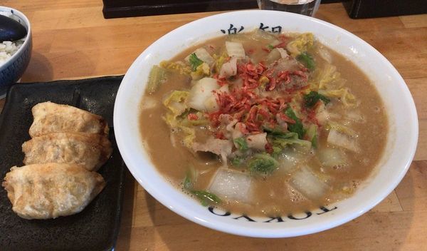 「濃厚海老味噌タンメン(限定)＋楽観揚げ餃子3個＋ライス」@白菜タンメン楽観の写真