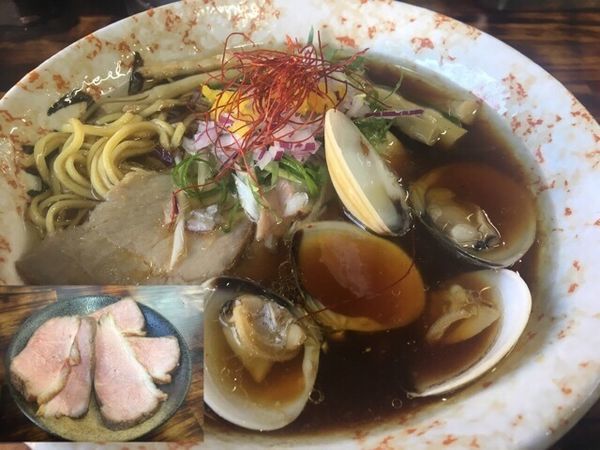 「貝そば750円(醤油)、鴨ロース増し250円」@麺屋 裕の写真