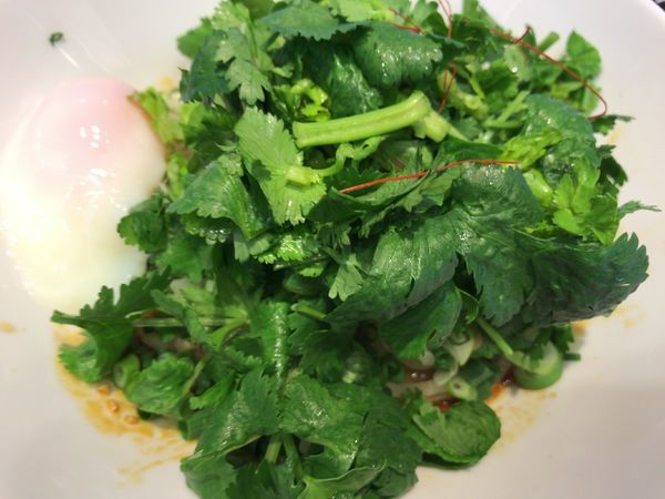 「パクチー汁なし担々麺1100円（４辛）+温泉玉子120円+追」@うさ担の写真