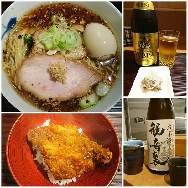「生姜そば＋味玉＋自家製ソースのカツ丼＋エビスビール＋純米酒」@麺 みつヰの写真
