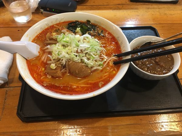 「辛みそチゲモツラーメン780円キーマカレー100円」@龍月館の写真