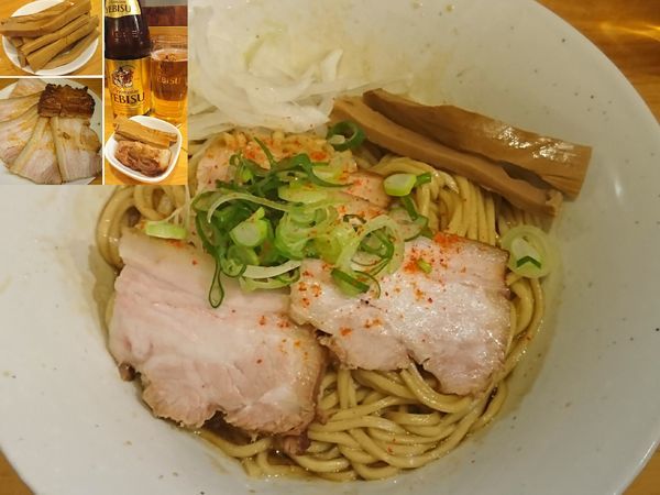 「油そば￥690＋煮豚￥270＋メンマ￥180＋エビス￥600」@麺や 花よの写真