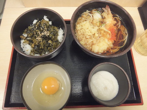 「朝そば(高菜)360円&とろろ120円&海老天(クーポン)」@ゆで太郎 御徒町店の写真