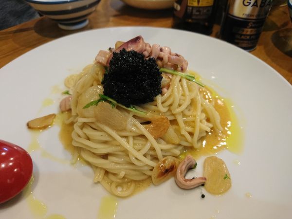「【ムサコ式パスタ】塩辛のペペロンチーノ風？(時価)」@ラーメン カワタカの写真