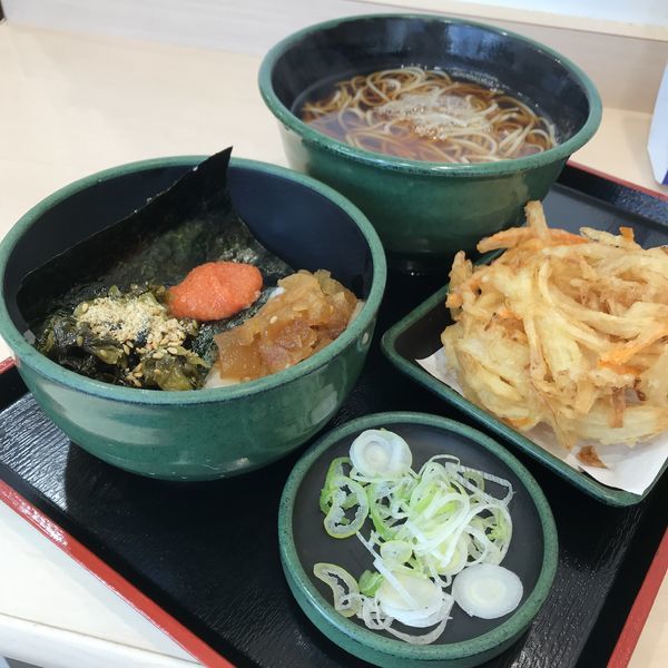 「朝食セット（高菜明太ごはん）（￥360）＋かき揚（クーポン）」@ゆで太郎 竹橋店の写真