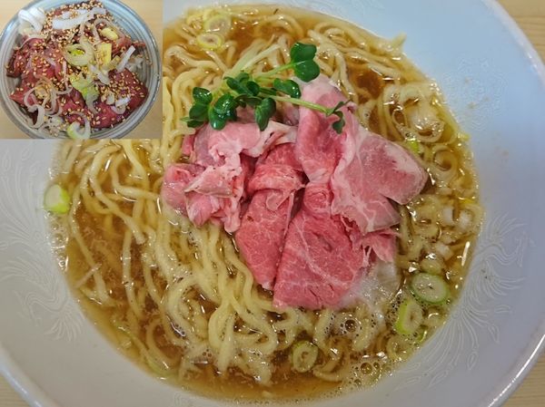 「煮干ラーメン（白）￥600＋ロースト牛タン丼￥350」@煮干ラーメンとローストビーフ パリ橋の写真