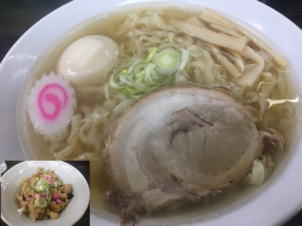「ラーメン600円、味玉100円、ミニ帆立炊き込みご飯100円」@餃子とらーめん専門店 中村屋 荒川沖店の写真
