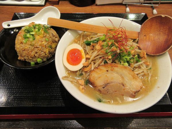 「スタミナ鶏たけラーメン＋半チャーハン（１１６１円）」@鶏白湯中華そば 鶏たけ商店の写真
