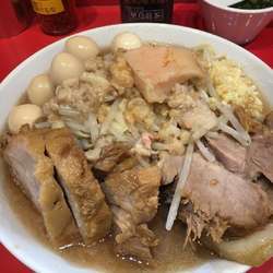 ラーメン麺半分、うずら、青ネギ、豚増し、ニンニク、アブラ