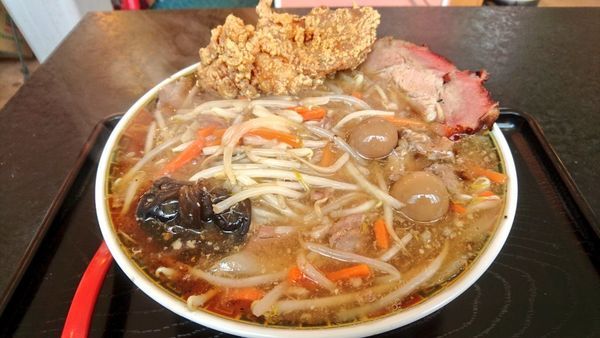 「【期間限定】肉だくもやしサンマー麺+がっつり」@丹行味素 北新横浜本店の写真