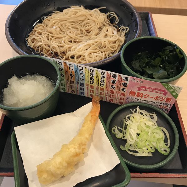 「朝そば（鬼おろし）（￥330）＋海老天（クーポン）」@ゆで太郎 大崎広小路店の写真