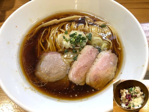 「鴨中華そば（830円）＋かも飯（200円）」@はりけんラーメン 南店の写真
