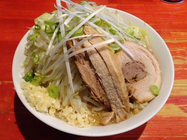 「小ラーメン（750円）＋ねぎ（100円）ヤサイニンニク」@ラーメン二郎 会津若松駅前店の写真