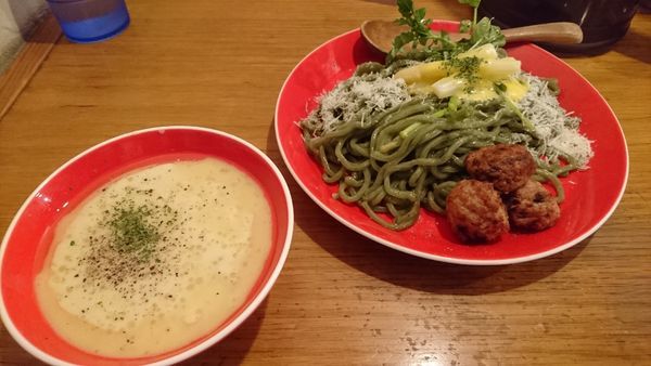 「【期間限定】ホワイトアスパラつけめん(200g･冷･ライス)」@鶏ポタラーメン THANK 大門店の写真