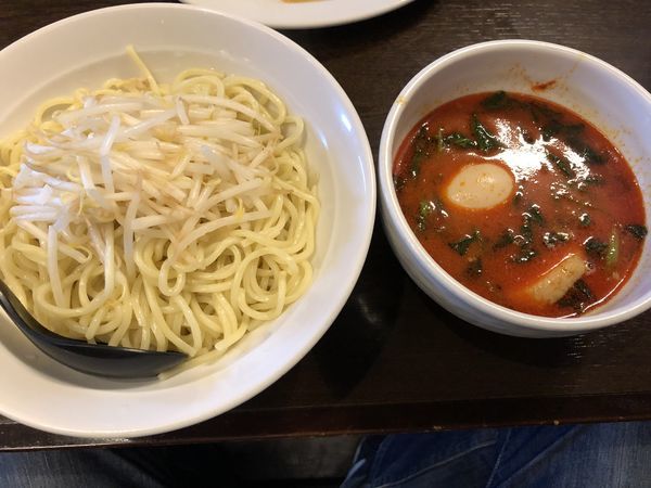 「辛い野菜つけ麺（中）＋玉子＋ほうれん草」@らーめんの円熟屋 大里店の写真