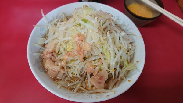 「小豚　麺半分　野菜ニンニク脂　生卵」@ラーメン二郎 環七一之江店の写真