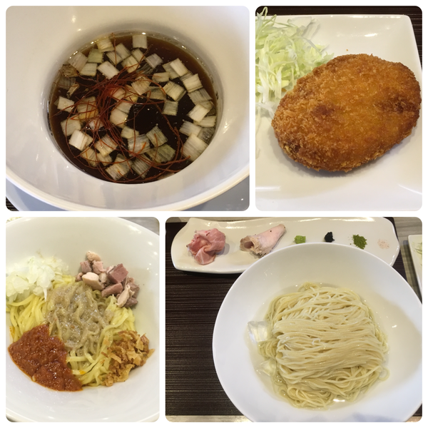 「鴨と天草のつけ蕎麦 ＋ｺﾛｯｹ ＋替玉ｸﾞﾘｰﾝｶﾘｰとﾄﾏﾄ」@つくばらーめん 鬼者語 -オニモノガタリ-の写真