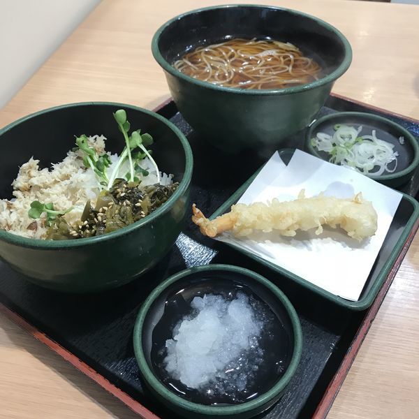 「おろし焼さばめし(¥360)+海老天(クーポン)」@ゆで太郎 西五反田本店の写真