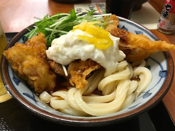 「サッポロ黒生中瓶→タル鶏天ぶっかけ」@いぶきうどん 吉祥寺店の写真