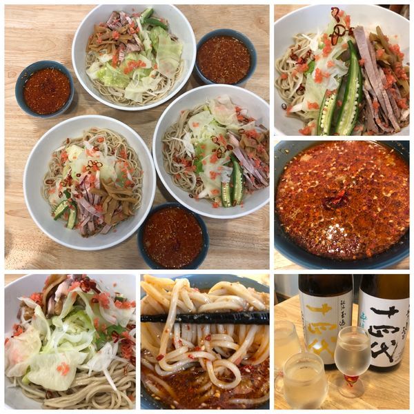 「冷やし辛つけそば ＋豚バラなんこつ＋おつまみ＋日本酒」@中華そば専門 とんちぼの写真