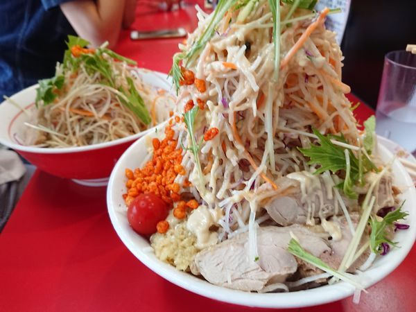 「冷やし中華(ヤサイマシマシ・ショウガ・辛揚げ・ガリマヨ) 他」@千里眼の写真