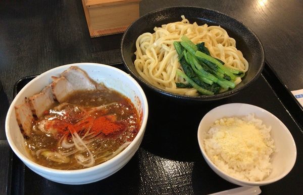 「カレーつけ麺(限定)＋粉チーズ追い飯(800円＋80円)」@中華そば 松葉の写真