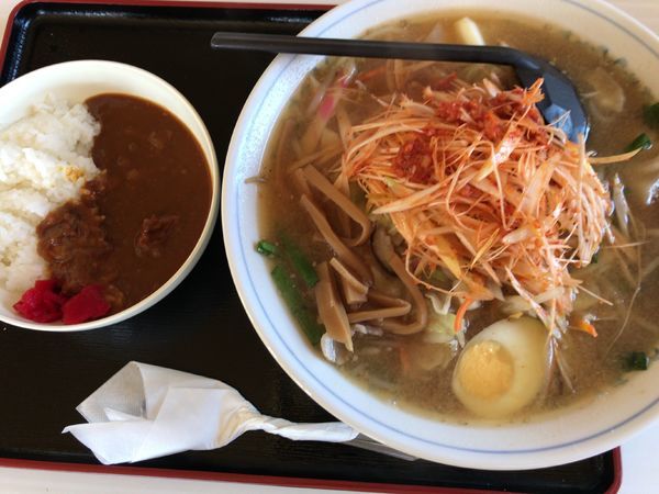 「辛子みそねぎラーメン820円+ミニカレー350円セット」@かなや食堂の写真