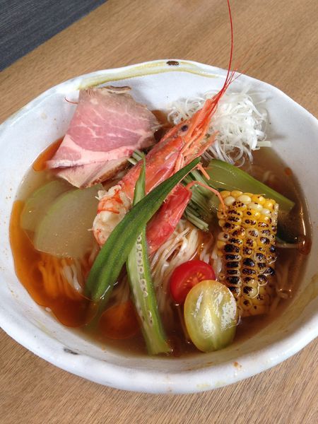 「【限定】夏野菜と海老の冷しそば 980円」@麺屋 椿丸の写真