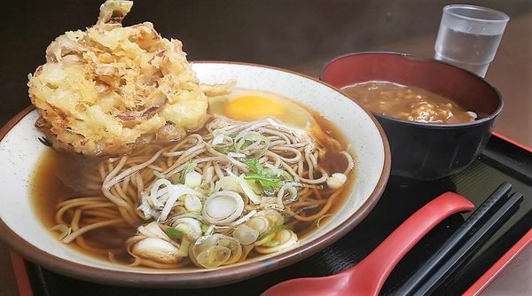 「かき揚げ蕎麦+ミニカレー丼セット+生玉子」@天かめ 江戸川橋店の写真