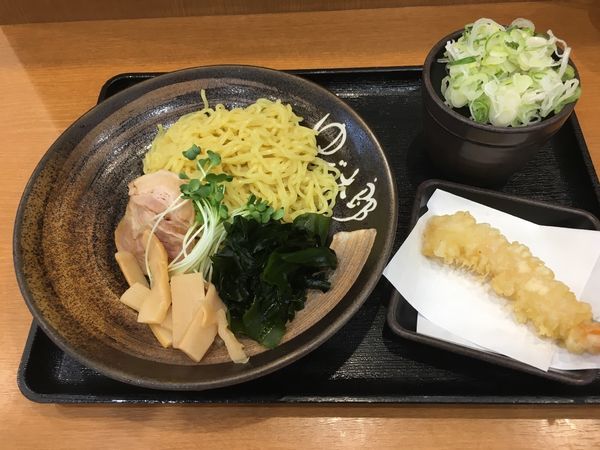 「つけ麺中華(390¥)ﾈｷﾞ多め、ｻｰﾋﾞｽ券でｴﾋﾞ天」@ゆで太郎 成東店の写真