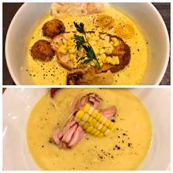 【限定】嶽きみの温かい麺（ソラノイロ）＋とうきびの冷やし麺（麺や七彩）