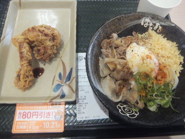 「塩豚温玉ぶっかけ小450円・定期券でゲソ天170円が無料」@はなまるうどん モラージュ柏店の写真