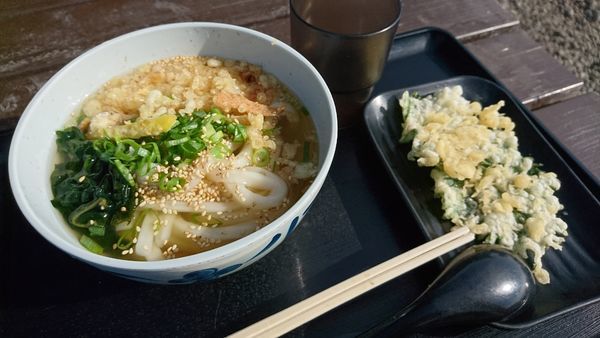 「冷かけ一玉390円+大葉天100円」@かばと製麺所の写真