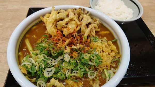 「カレーうどん・得+霜降り平茸のかき揚げ+白ごはん」@丸亀製麺 イオンモール日の出店の写真