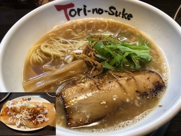 「鶏醤油750円、ねぎだく餃子450円」@とりの助 新天地店の写真