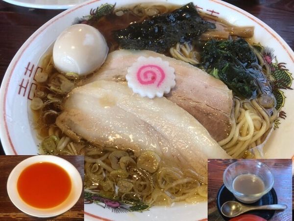 「味玉ラーメン(1周年)500円、辣油30円、雪塩の水ようかん」@水戸中華そば むじゃき食堂の写真