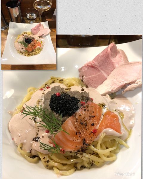 「鮭白子クリームとシャンピニオンソース和えそば ￥1200」@麺庵 小島流の写真