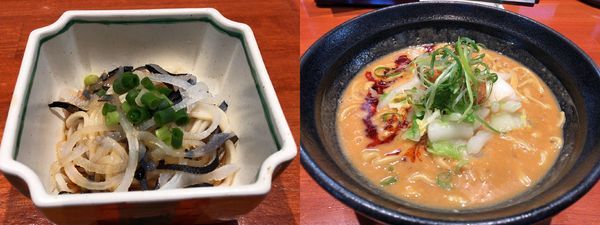 「フグとアンコウの濃厚味噌ラーメンとフグ皮ぽん酢の一口冷製そば」@中華そば 輝羅の写真