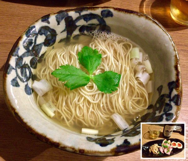 「かけそば塩ver. & おつまみ三種 withビール」@麺屋 椿丸の写真