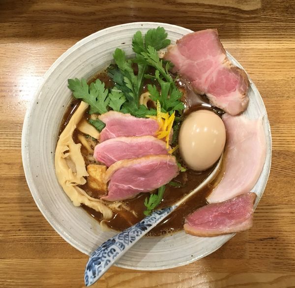 「清酒八海山 → 味玉肉増し赤味噌そば」@中華そば きなりの写真