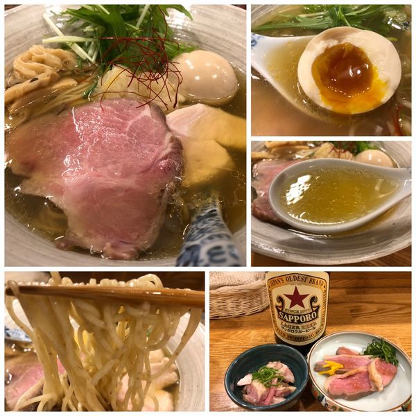 「味玉塩そば900円＋追加鴨むね肉300円＋ビール550円」@中華そば きなりの写真