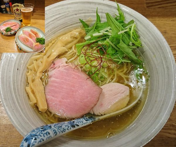 「塩そば＋鴨むね肉＋豚肩ロース＋瓶ビール＝￥1900」@中華そば きなりの写真