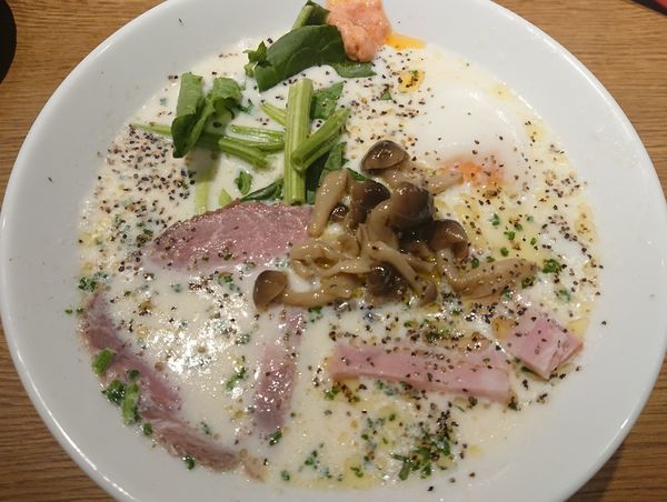 「【限定】豆乳カルボナーラ麺」@中華そば 二階堂の写真