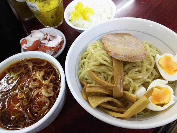 「つけ麺（サンラー、太麺）￥750ゆで玉子￥0×3＋ライス￥0」@我流担々麺 竹子 本郷店の写真