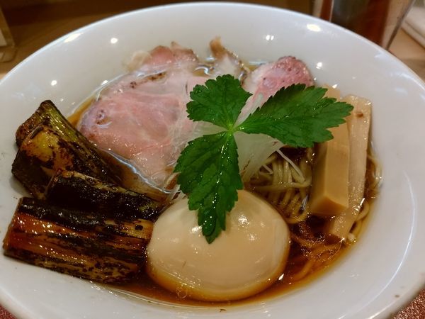 「味玉紀州鴨そば970円+二度漬けネギ焼き50円」@燃えよ麺助の写真