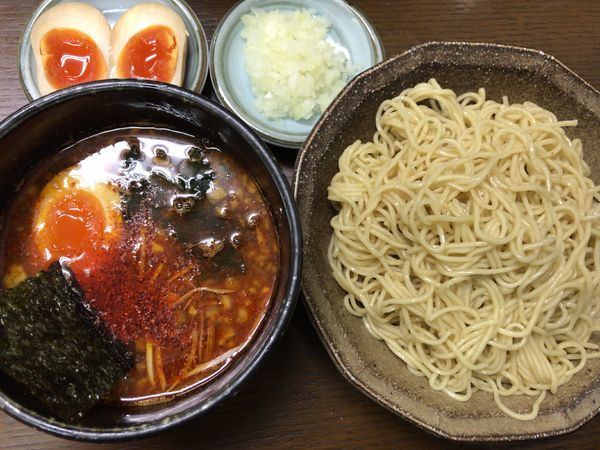 「激辛つけ麺700円+味玉100円+ﾀﾏﾈｷﾞ50円」@一陽来福の写真