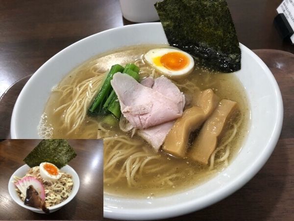 「じんわり貝塩800円、鷄そぼろのマヨ飯360円」@中華そば うお青の写真
