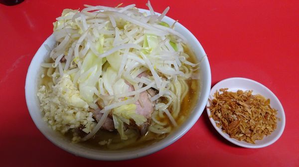 「小ラーメン（750円）＋フライドオニオン　ヤサイニンニク」@ラーメン二郎 千住大橋駅前店の写真