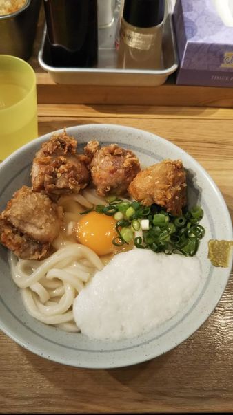 「鶏天月見しょうゆ」@うどん甚三の写真